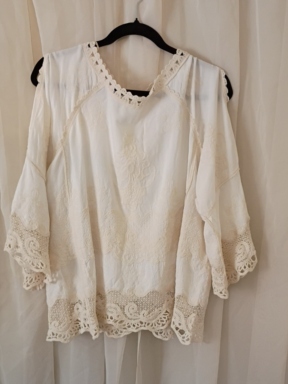 Democracy Cream Lace Cold-Shoulder Crochet Blouse